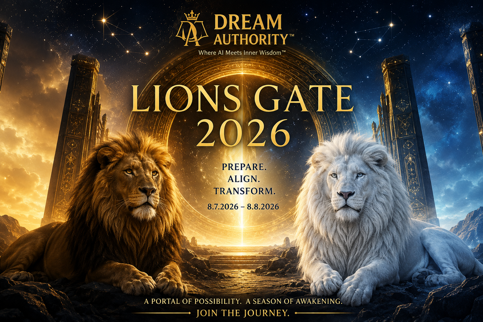 Lions Gate 2026, Dream Authority. A golden lion and a white lion before a radiant portal of light.